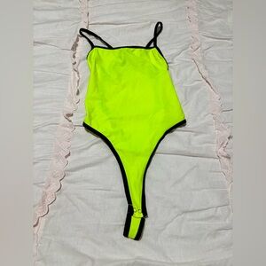 Neon Yellow High-Cut Bodysuit with Black Trim